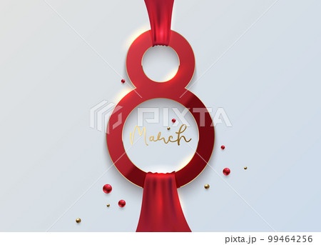 Elegant 8 March banner with red 3d number 8 and red ribbon on white background. March gold line luxury text, red golden beads. Women's day vector stylish design illustration 99464256