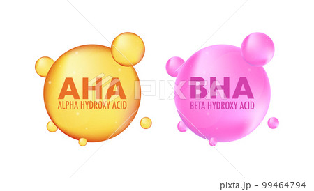 AHA and BHA. Alpha hydroxy acid and beta hydroxy acid. Dermal and beauty. Vector stock illustration. 99464794