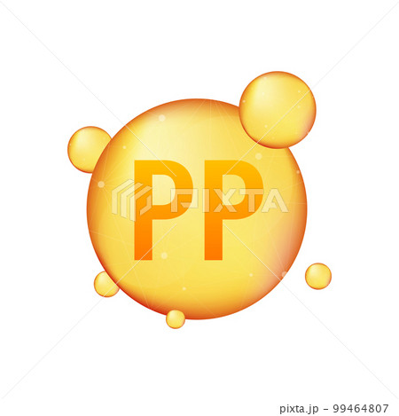 Vitamin PP gold shining icon. Ascorbic acid. Vector stock illustration 99464807