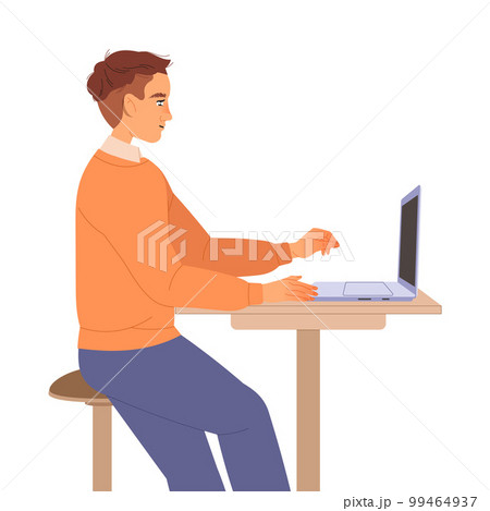 Man Character Sitting at Desk with Laptop Working in Coworking Space Vector Illustration Man Character Sitting at Desk with Laptop Working in Coworking Space Vector Illustration 99464937
