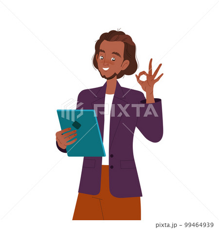 Man Leader Character with Tablet Showing Ok Gesture Working in Coworking Space Vector Illustration Man Leader Character with Tablet Showing Ok Gesture Working in Coworking Space Vector Illustration 99464939