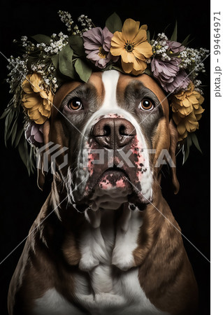 Cute dog with a flower wreath on his head, on a black background 99464971
