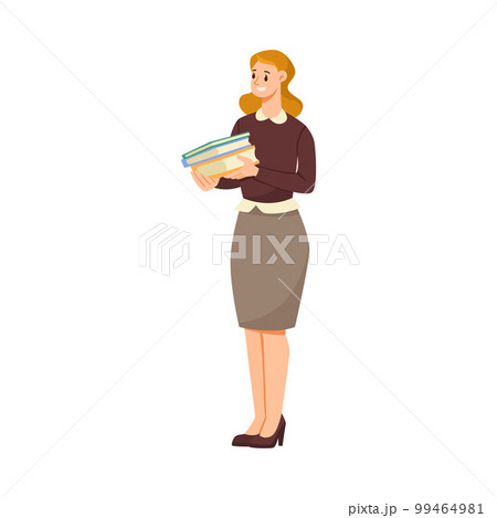 Woman Teacher Character Standing with Pile of Books Vector Illustration Woman Teacher Character Standing with Pile of Books Vector Illustration 99464981