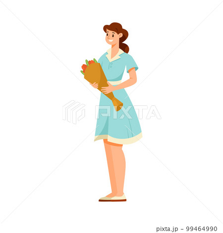 Woman Teacher Character Standing with Bouquet of Flowers Vector Illustration 99464990