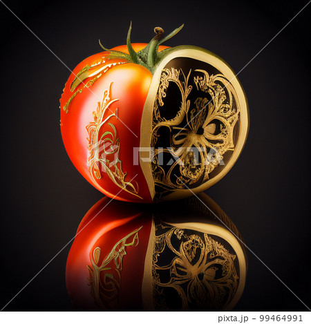 Tomato covered with golden patterns, unusual vegetable for advertising banner, package design 99464991