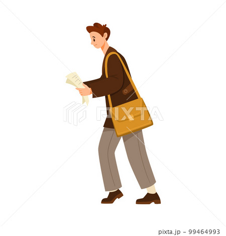 Man Teacher Character with Bag on Shoulder Walking Carrying Paper Vector Illustration 99464993