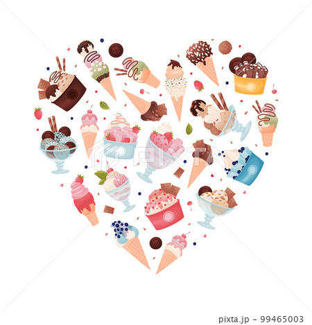 Tasty Ice Cream Heart Shaped Composition Design with Frozen Dessert in Waffle Cone and Cup Vector Template Tasty Ice Cream Heart Shaped Composition Design with Frozen Dessert in Waffle Cone and Cup Vector Template 99465003