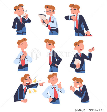 Businessman showing various emotions and gesturing set cartoon vector illustration 99467146