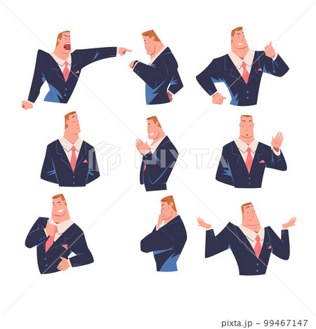 Boss showing various emotions and gesturing set. Strong muscular businessman character in blue suit cartoon vector illustration Boss showing various emotions and gesturing set. Strong muscular businessman character in blue suit cartoon vector illustration 99467147