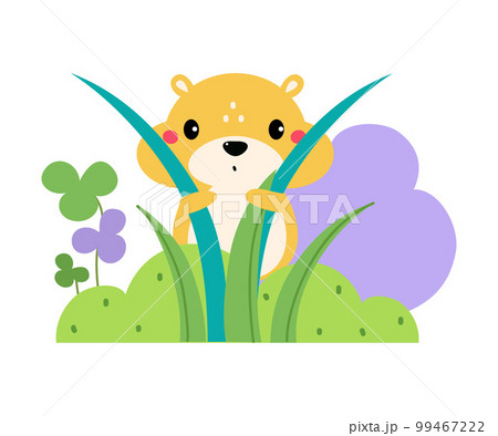 Cute chipmunk hiding in green grass. Adorable forest baby animal on nature cartoon vector illustration Cute chipmunk hiding in green grass. Adorable forest baby animal on nature cartoon vector illustration 99467222