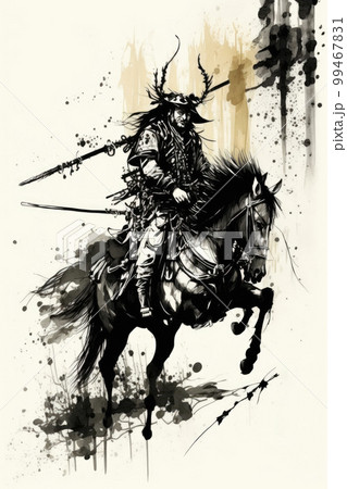 墨絵の馬に乗った侍のイラスト素材 [99467831] - PIXTA