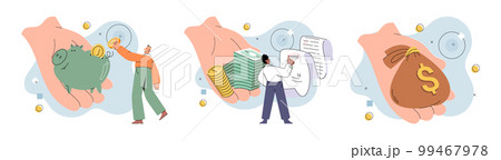 Person analyzes profit weighing earnings on scales, income, expenses money. Business profit increase 99467978