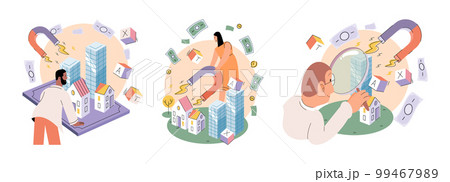Golden coins pile, magnet and money. Financial literacy metaphor for passive income vector set 99467989