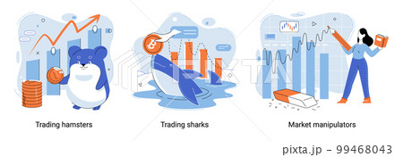 Stock market manipulation. Characters analyzing stock market data to control financial graphic chart 99468043