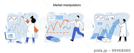 Stock market manipulation. Characters analyzing stock market data to control financial graphic chart Stock market manipulation. Characters analyzing stock market data to control financial graphic chart 99468060