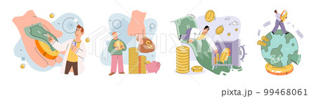 Businessman investor with coins. Employee or entrepreneur puts money in safe, calculates profit Businessman investor with coins. Employee or entrepreneur puts money in safe, calculates profit 99468061