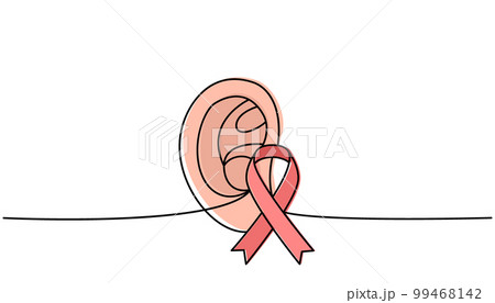 Human ear with ribbon one line colored continuous drawing. Cancer awareness ribbon, AIDS tape continuous one line colorful illustration. 99468142