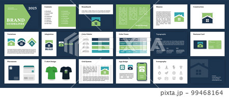 Blue and Green Brand Guidelines template. Brand Identity presentation. Logo Guideline template. Logo Guide Book. Logotype presentation 99468164