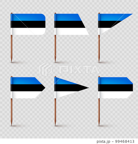 Realistic various Estonian toothpick flags. Souvenir from Estonia. Wooden toothpicks with paper flag. Location mark, map pointer. Blank mockup for advertising and promotions. Vector illustration Realistic various Estonian toothpick flags. Souvenir from Estonia. Wooden toothpicks with paper flag. Location mark, map pointer. Blank mockup for advertising and promotions. Vector illustration 99468413
