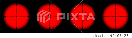Various weapon thermal infrared sights, sniper rifle optical scopes. Hunting gun viewfinder with crosshair. Aim, shooting mark symbol. Military target sign. Game UI element. Vector illustration Various weapon thermal infrared sights, sniper rifle optical scopes. Hunting gun viewfinder with crosshair. Aim, shooting mark symbol. Military target sign. Game UI element. Vector illustration 99468423