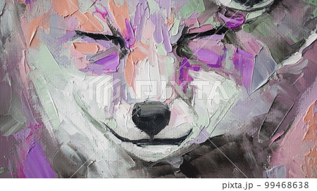 Oil fox portrait painting in multicolored tones. Conceptual abstract painting of a fennec muzzle. Closeup of a painting by oil and palette knife on canvas.  99468638