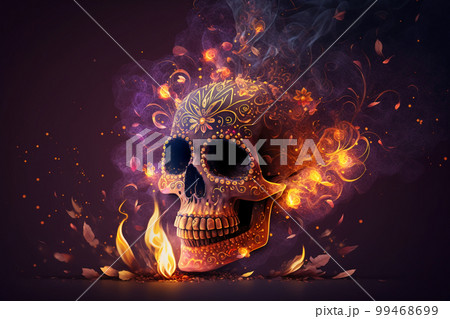 fiery mexican skull on purple background. ai generated 99468699
