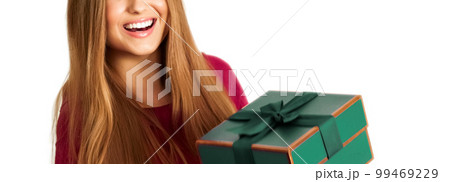 Birthday, Christmas or holiday present, happy woman holding a green gift or luxury beauty box subscription delivery isolated on white background, portrait 99469229