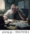 Exhausted businessman sleeping at his desk and working overtime late at night, he is surrounded by piles of paperwork 99470361