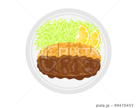 皿に盛り付けられた、ソースをかけた、トンカツのイラスト 99470455