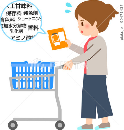 食品の原材料名を見て困惑する買い物中の女性 99471437
