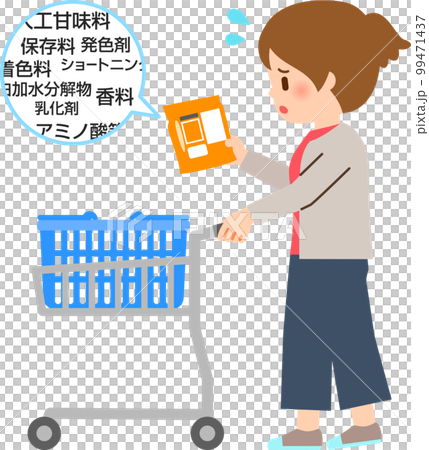 食品の原材料名を見て困惑する買い物中の女性 99471437