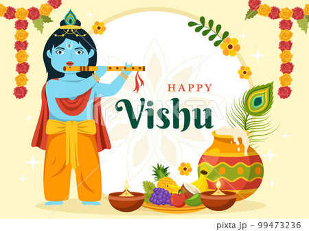 Happy Vishu Festival Illustration with Traditional Kerala Kani, Fruits and Vegetables for Landing Page in Flat Cartoon Hand Drawn Templates 99473236