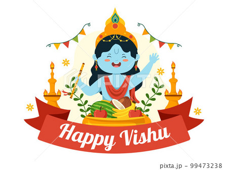 Happy Vishu Festival Illustration with Traditional Kerala Kani, Fruits and Vegetables for Landing Page in Flat Cartoon Hand Drawn Templates 99473238