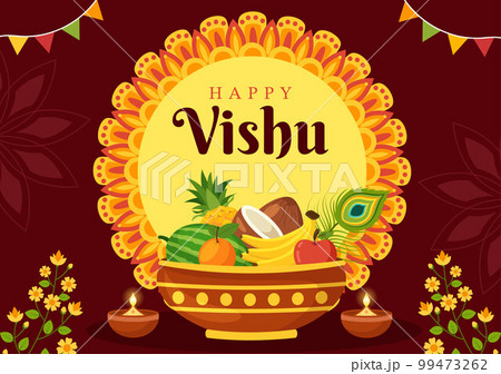 Happy Vishu Festival Illustration with Traditional Kerala Kani, Fruits and Vegetables for Landing Page in Flat Cartoon Hand Drawn Templates 99473262