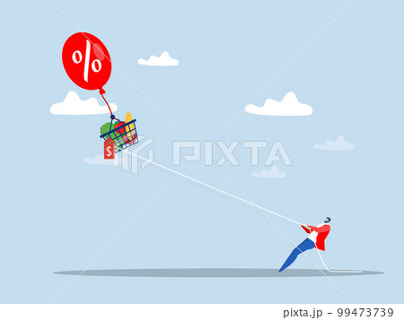 inflation reflects ,Businessmen trying to catch the shopping cart full of food flying into the sky by inflation balloon. higher prices of goods vector illustrator 99473739