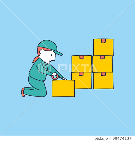 丁寧に梱包する作業服の女のイラスト素材 99474137