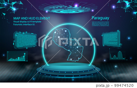 paraguay map light connecting effect background. abstract digital technology UI, GUI, futuristic HUD Virtual Interface with paraguay map. Stage futuristic podium in fog. paraguay map light connecting effect background. abstract digital technology UI, GUI, futuristic HUD Virtual Interface with paraguay map. Stage futuristic podium in fog. 99474520