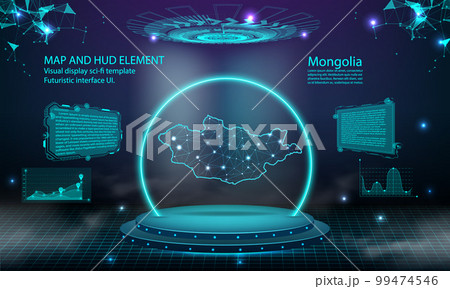 mongolia map light connecting effect background. abstract digital technology UI, GUI, futuristic HUD Virtual Interface with mongolia map. Stage futuristic podium in fog. 99474546