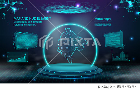 montenegro map light connecting effect background. abstract digital technology UI, GUI, futuristic HUD Virtual Interface with montenegro map. Stage futuristic podium in fog. montenegro map light connecting effect background. abstract digital technology UI, GUI, futuristic HUD Virtual Interface with montenegro map. Stage futuristic podium in fog. 99474547