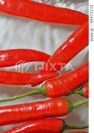 Red hot peppers in water splash on white background. Splashing water and bubbles. Vertical image, close-up 99475235