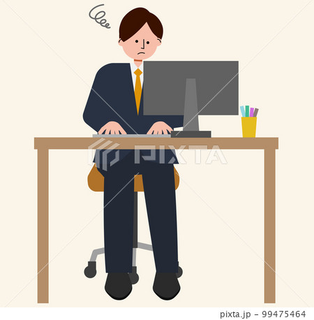 新入社員の男性がデスクでパソコンの入力作業をしながら苦戦しているイラスト 99475464