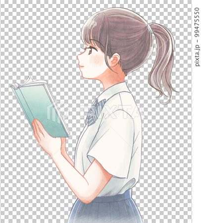 爽やかな水彩風イラスト・本を持ったポニーテールの夏服の学生 99475550