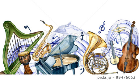 Board of musical instruments and note wave watercolor illustration isolated on white. 99476052