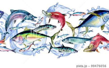 Seamless board of fish swimming and sea wave watercolor illustration isolated on white. 99476056