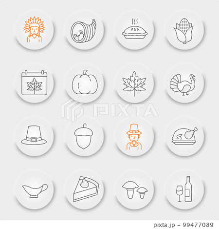 Thanksgiving line icon set, autumn collection, vector graphics, neumorphic UI UX buttons, Thanksgiving day vector icons, holiday signs, outline pictograms, editable stroke Thanksgiving line icon set, autumn collection, vector graphics, neumorphic UI UX buttons, Thanksgiving day vector icons, holiday signs, outline pictograms, editable stroke 99477089
