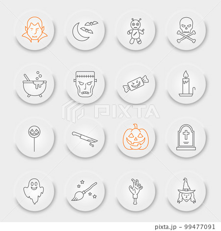 Halloween line icon set, spooky collection, vector graphics, neumorphic UI UX buttons, Halloween vector icons, horror signs, outline pictograms, editable stroke Halloween line icon set, spooky collection, vector graphics, neumorphic UI UX buttons, Halloween vector icons, horror signs, outline pictograms, editable stroke 99477091