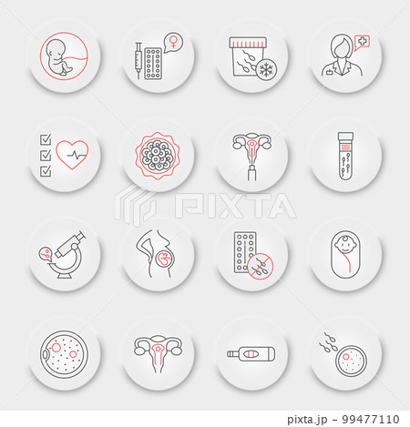 IVF line icon set, vitro fertilization collection, vector graphics, neumorphic UI UX buttons, IVF vector icons, artificial insemination signs, outline pictograms, editable stroke 99477110