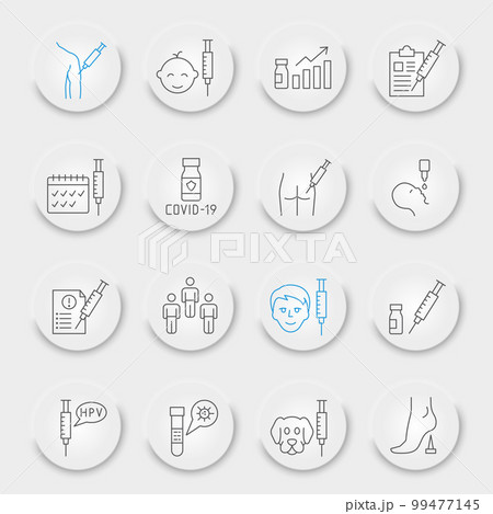 Vaccination line icon set, vaccine collection, vector graphics, neumorphic UI UX buttons, covid-19 vaccination vector icons, immunization signs, outline pictograms, editable stroke 99477145