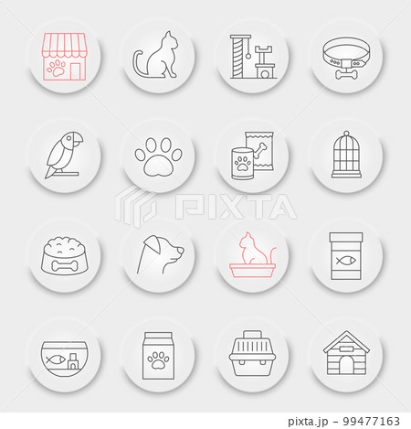 Pet Shop line icon set, pet store collection, vector graphics, neumorphic UI UX buttons, pet shop vector icons, animal signs, outline pictograms, editable stroke 99477163