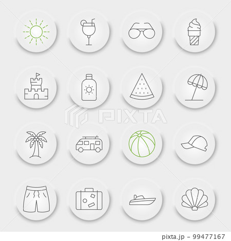 Summer line icon set, beach collection, vector graphics, neumorphic UI UX buttons, travel vector icons, summer signs, outline pictograms, editable stroke 99477167